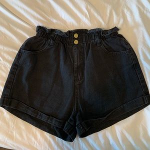 Black Denim Paper Bag Waist Shorts